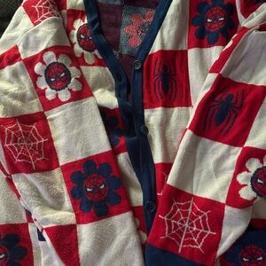 Red and White Checkered Cardigan with Spiderman Flower Design from Boxlunch